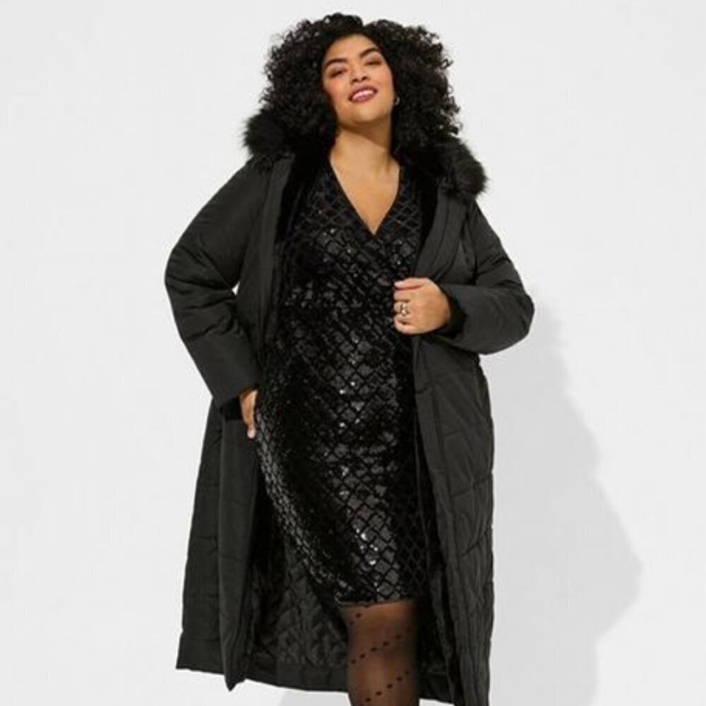 Torrid - Mini Velour Sequin Surplice Dress In Deep Black